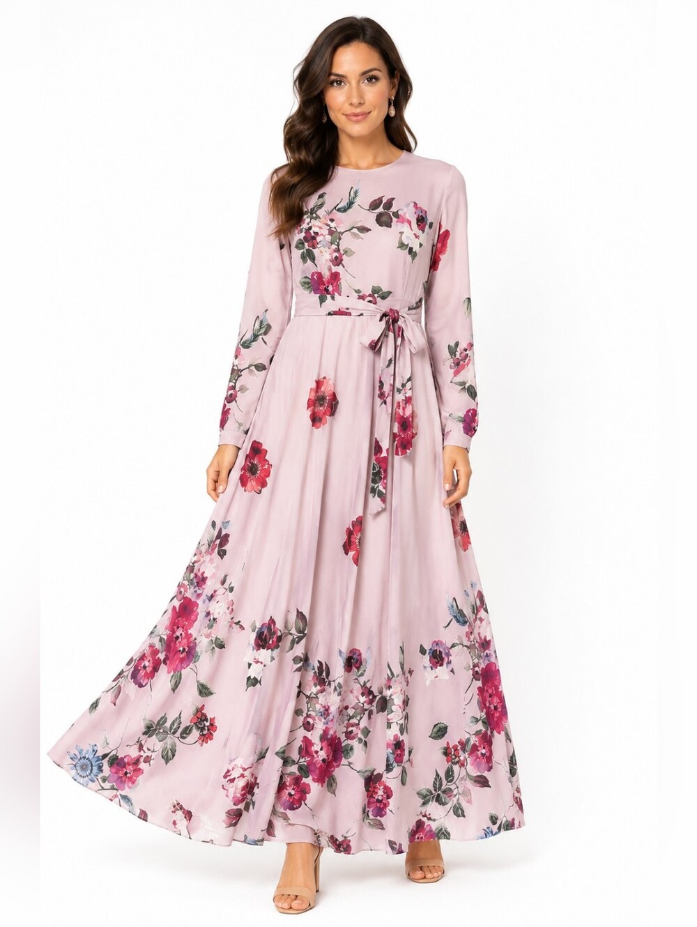 AnnahHariri Floral Maxi Dress Pink Long Sleeve Modest Occasion Dress Size 6
